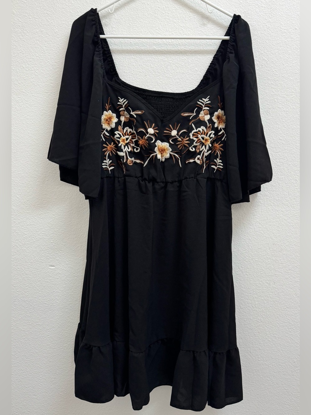 SHEIN Black Mini Dress with Brown & Cream Floral Embroidery